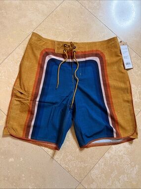 💙NWT NiyamaSol Men's Board Shorts in Blue and Gold with Striped Panel💙